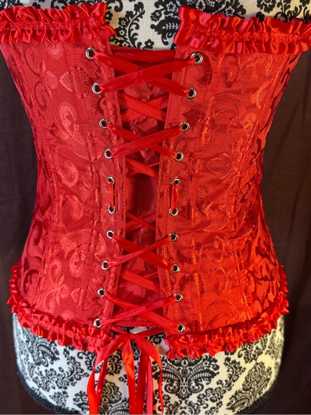 Red Satin Brocade Corset Top With Ruffles and Ribbons size M - Picture 6 of 11